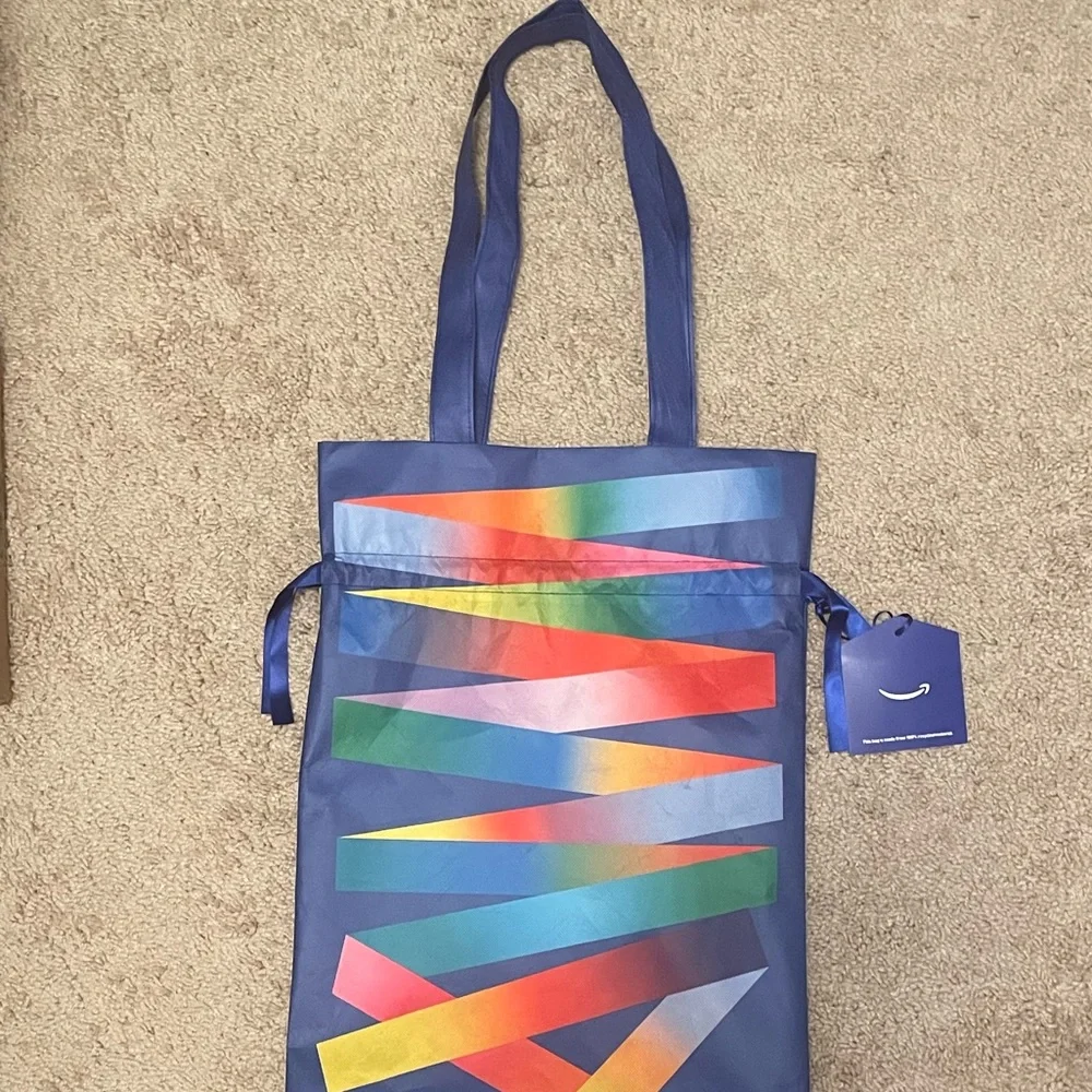 EUC 1 Amazon Multicolor Reusable Drawstring W/Shoulder Strap Satchel Gift Bag